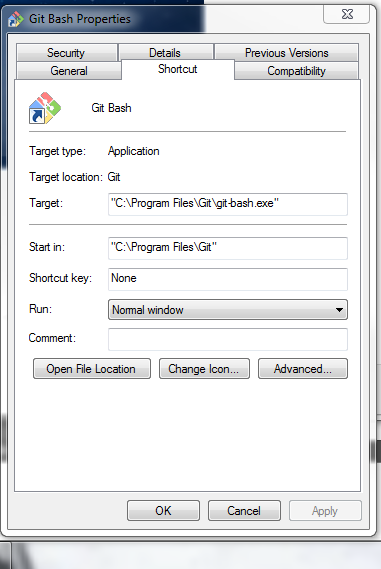 Properties dialog for Git-Bash shortcut.
