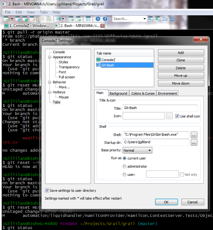 Settings dialog for Git-bash in ConsoleZ tab.